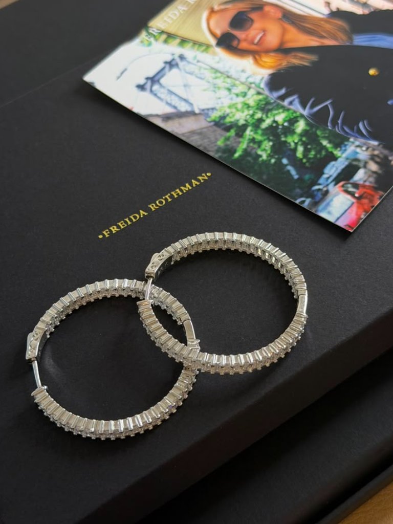 Freida Rothman Vault - Silver Baguette Cut Clear Stone Hoops